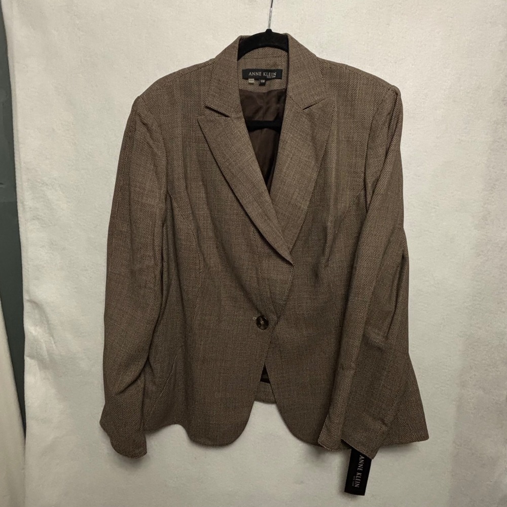 Anne Klein New York 100% Wool Blazer Brown Tan Textured Professional Jacket 18W